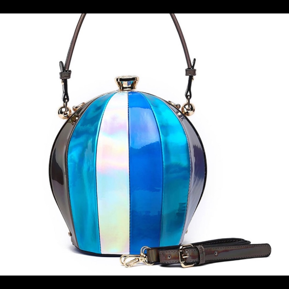 Satchel🦋🎶💜NWT Blue Patent Multi Striped Frame